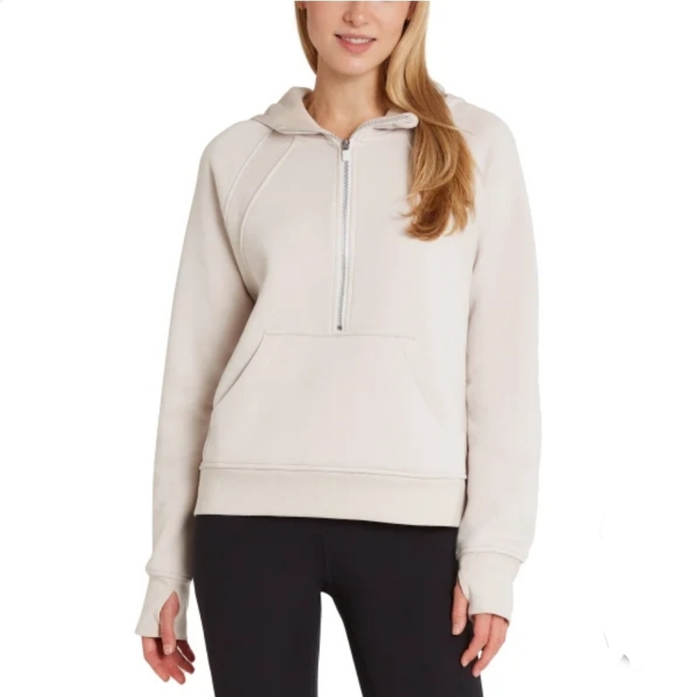 Danskin Half Zip Mixed Rib Hoodie w/ Thumbholes Kangaroo Pocket Cream Womens XXL